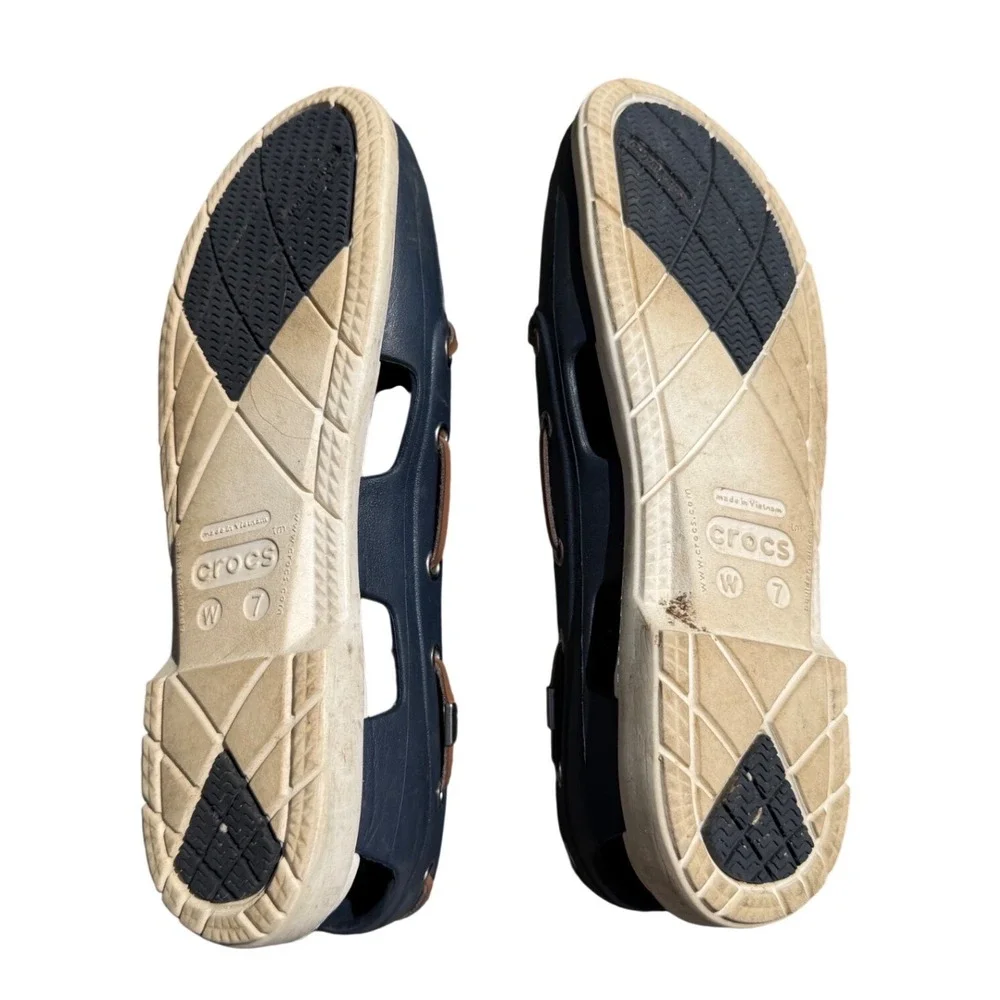 Crocs Beach Line Boat Shoes Navy Blue White Leather Lace Loafers Womens 7